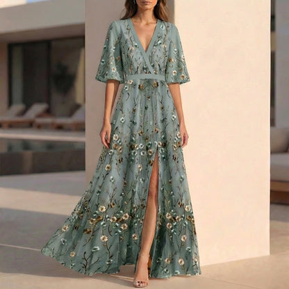Isabella Floral Split Maxi Dress | Elegant V-Neck Summer Resort Dress