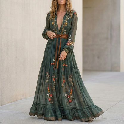 Aurora Embroidered Belted Maxi Dress | Ruffled Collared V-Neck Dress