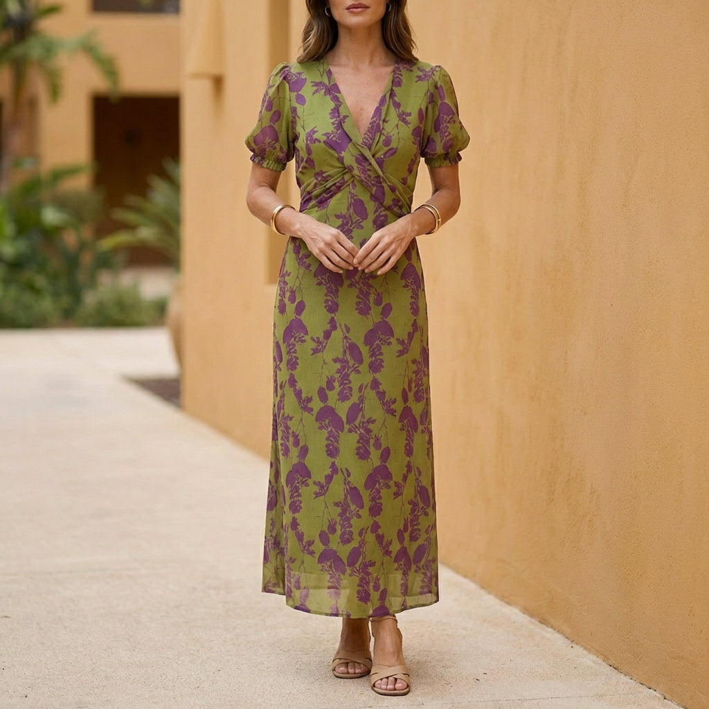 Lily A-Line Maxi Dress | Puff Sleeve V-Neck Dress