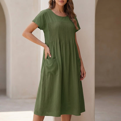 Sofia A-Line Dress | Pleated Patch Pockets Dress