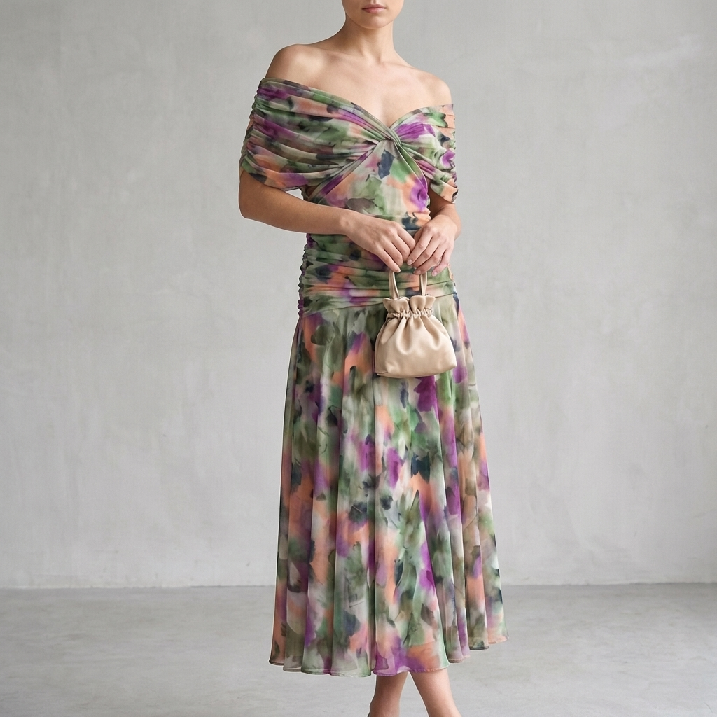 Aurora A-Line Midi Dress | Off-Shoulder Ruched Midi Dress