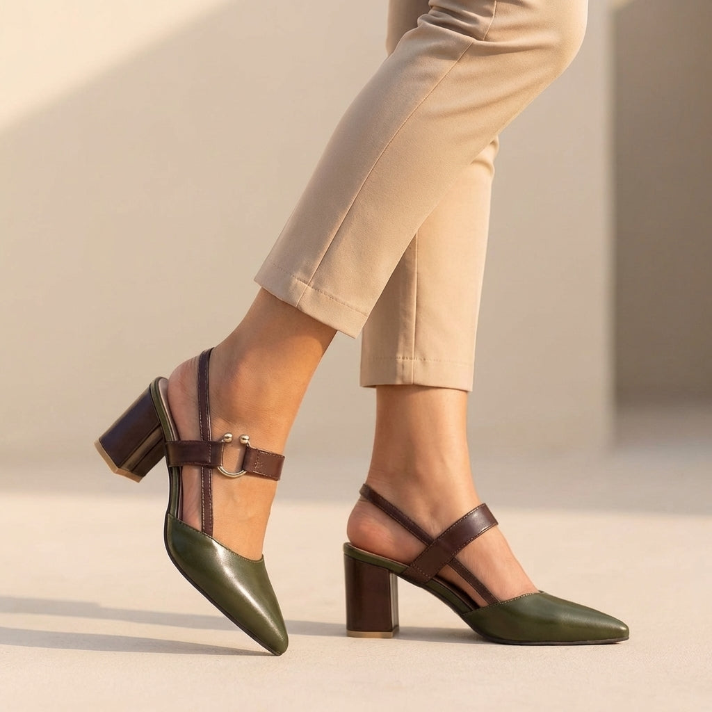 Isla Pointed Toe Slingback Block Heel Pumps | Colourblock Ring Buckle Pumps