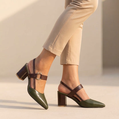 Isla Pointed Toe Slingback Block Heel Pumps | Colourblock Ring Buckle Pumps
