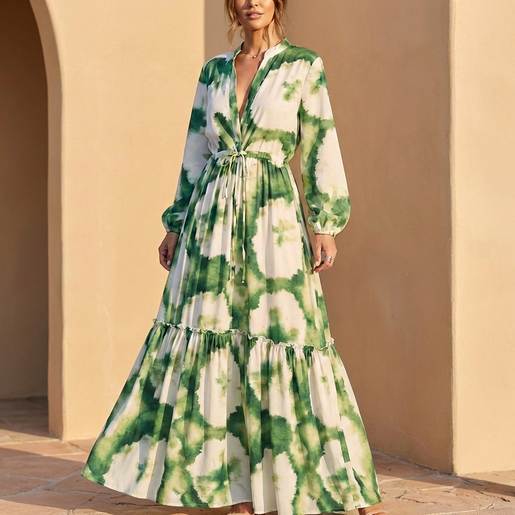 Sienna Maxi Dress | Collared V-Neck Drawstring Waist Dress