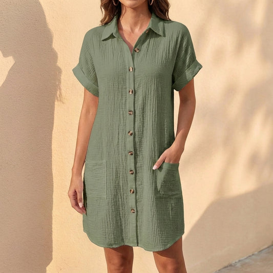 Isla Linen Relaxed Fit Shirt Dress | Collared Button Front Dress