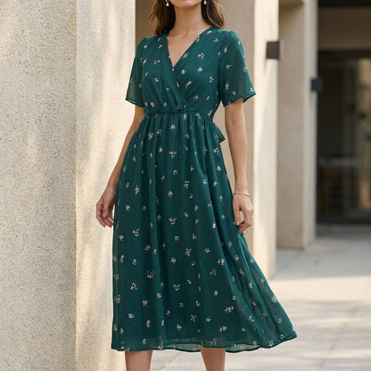 Miriam Floral V-Neck Midi Dress | Emerald Green Short Sleeve A-Line Dress