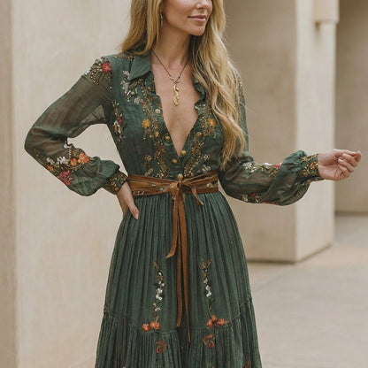 Aurora Embroidered Belted Maxi Dress | Ruffled Collared V-Neck Dress