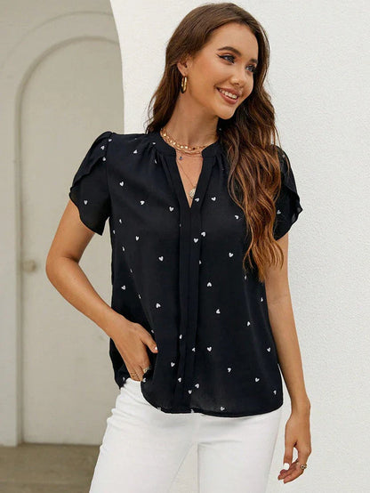 Isabella Blouse | Heart Print V-Neck Puff Sleeve Blouse