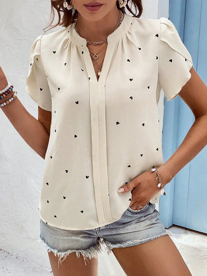 Isabella Blouse | Heart Print V-Neck Puff Sleeve Blouse