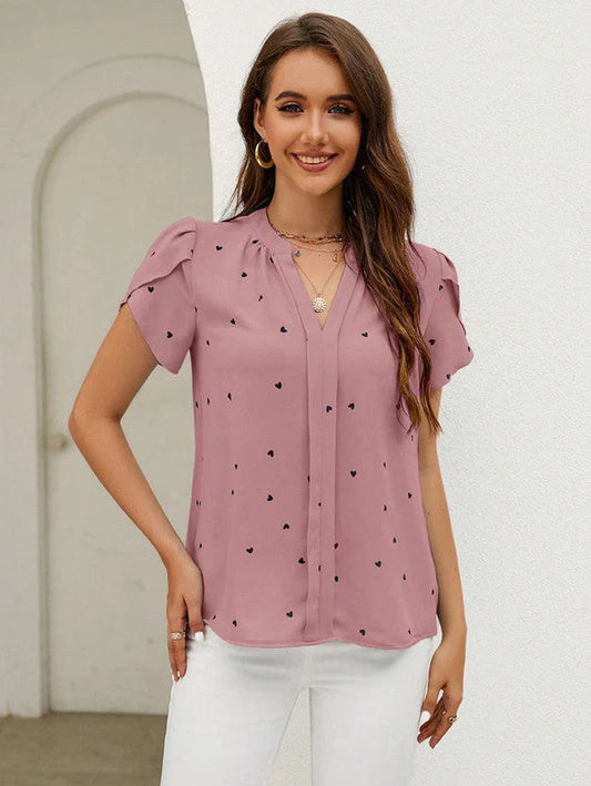 Isabella Blouse | Heart Print V-Neck Puff Sleeve Blouse