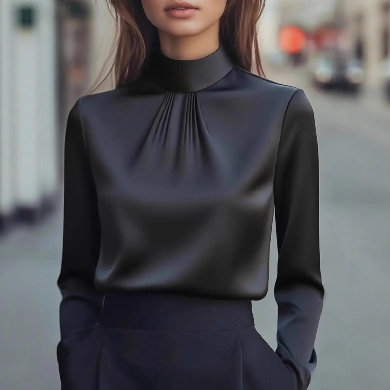 Isabella Pleated High Neck Blouse | Long Sleeve Hip-Length Blouse