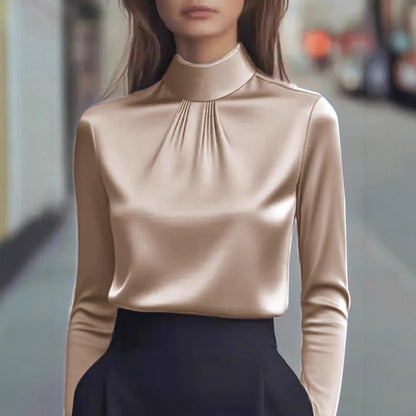 Isabella Pleated High Neck Blouse | Long Sleeve Hip-Length Blouse