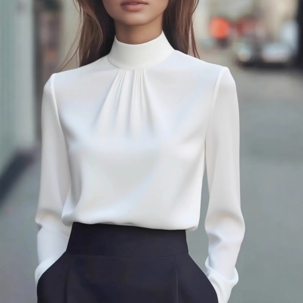 Isabella Pleated High Neck Blouse | Long Sleeve Hip-Length Blouse