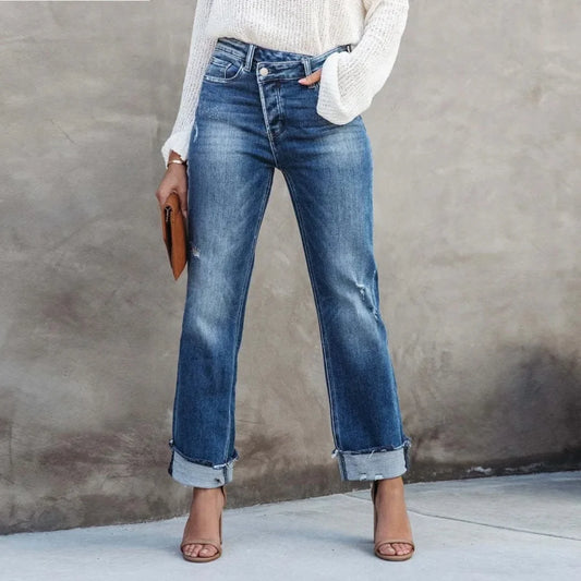 Isla Jeans | High Waist Straight-Leg Distressed Cuffed Jeans