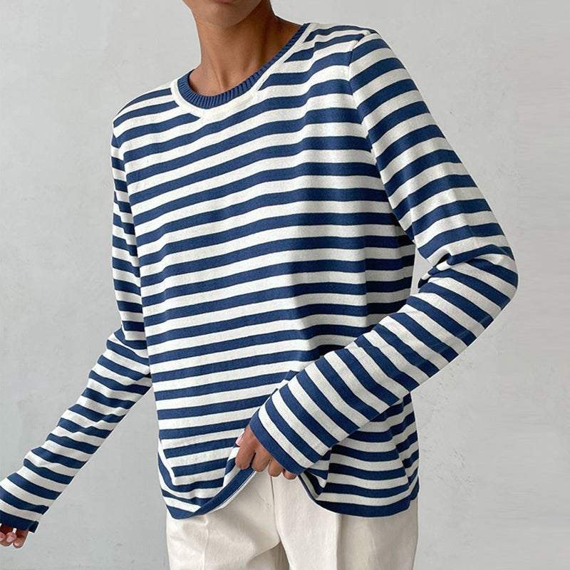 Isla Striped Crewneck Knit Sweater | Ribbed Trim Relaxed Fit Sweater