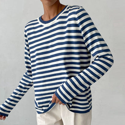 Isla Striped Crewneck Knit Sweater | Ribbed Trim Relaxed Fit Sweater