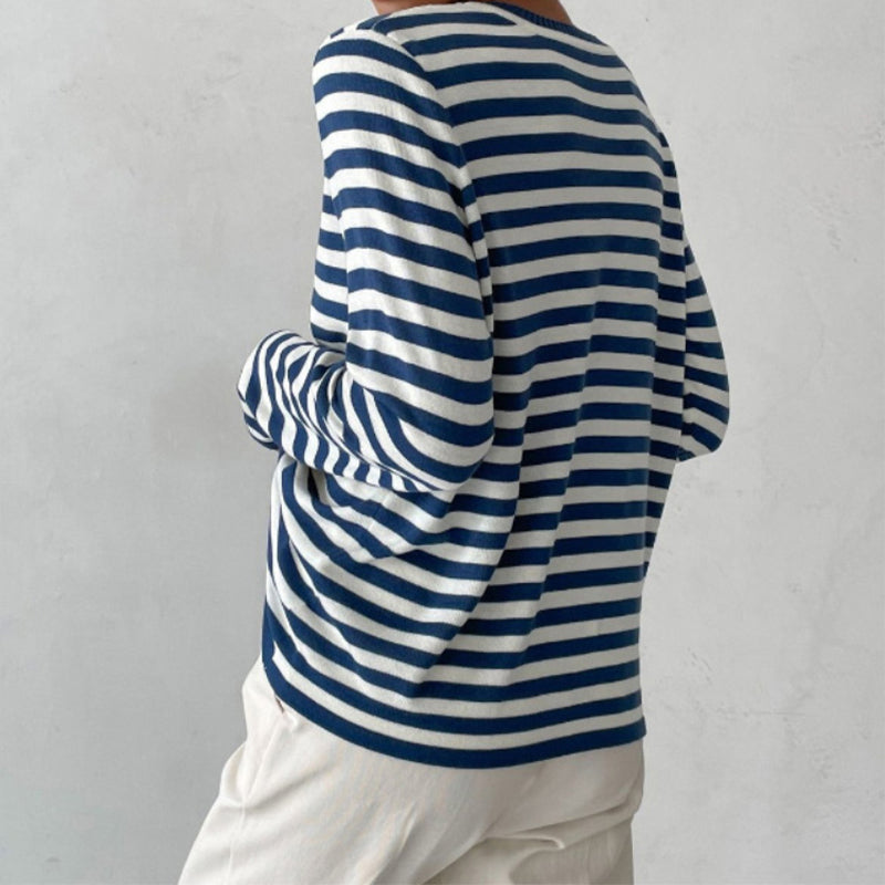 Isla Striped Crewneck Knit Sweater | Ribbed Trim Relaxed Fit Sweater