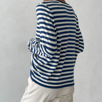 Isla Striped Crewneck Knit Sweater | Ribbed Trim Relaxed Fit Sweater