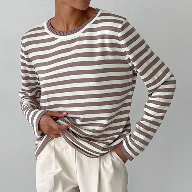 Isla Striped Crewneck Knit Sweater | Ribbed Trim Relaxed Fit Sweater