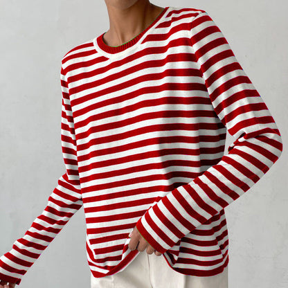 Isla Striped Crewneck Knit Sweater | Ribbed Trim Relaxed Fit Sweater