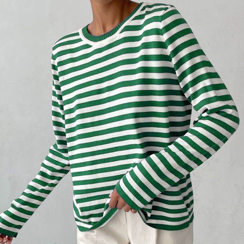 Isla Striped Crewneck Knit Sweater | Ribbed Trim Relaxed Fit Sweater