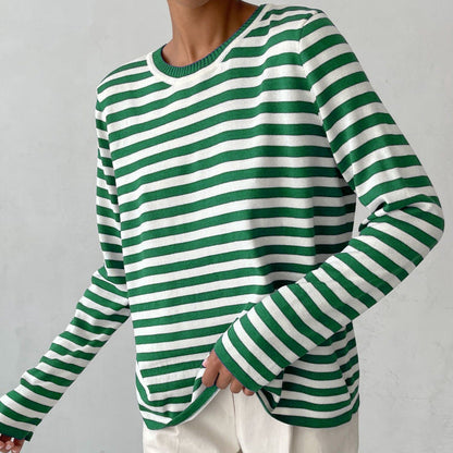 Isla Striped Crewneck Knit Sweater | Ribbed Trim Relaxed Fit Sweater