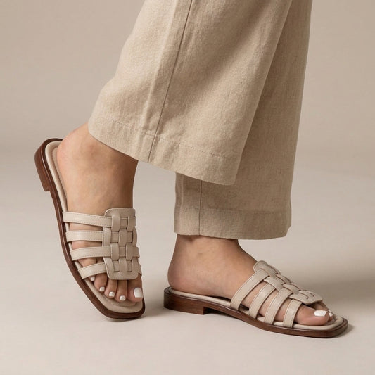 Sophia Slip-On Slides | Interwoven Straps Flat Sole Slides