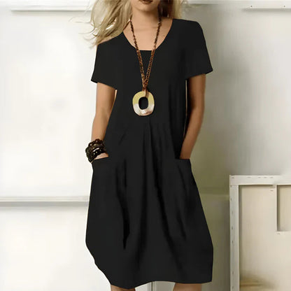 Jayani Dress | Short Sleeves Solid Color Dress with Pockets