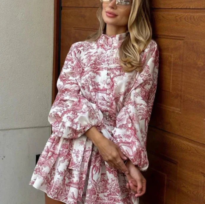 Kaelyn Dress | High Neck Puff Sleeves Fitted Waist A-line Skirt