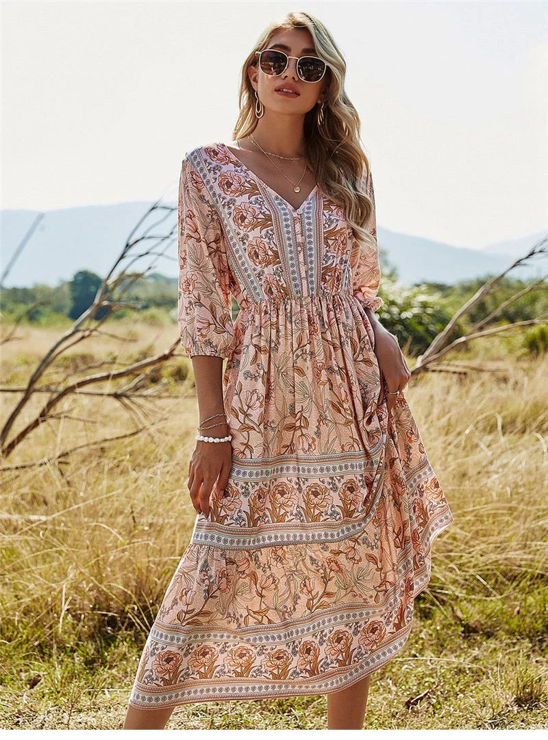Kali Dress | Bohemian V-Neck Maxi Dress