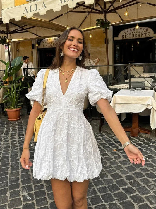 Kalia Dress | V-Neck Embroidered Puff Sleeve Dress