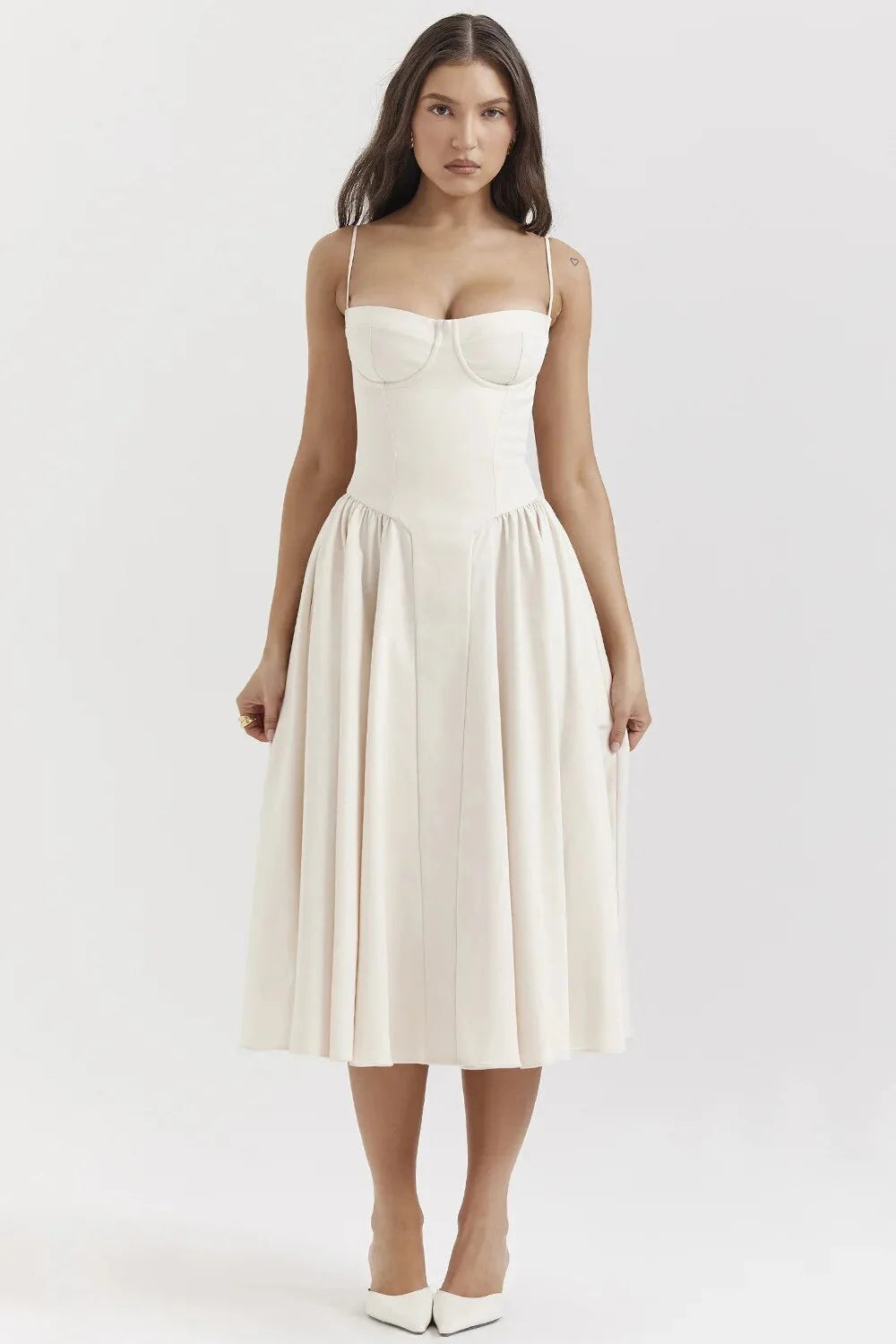 Kamilah Dress | Fitted Thin Strap Pleated Midi Dress