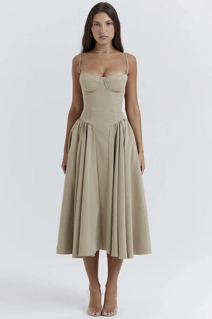 Kamilah Dress | Fitted Thin Strap Pleated Midi Dress