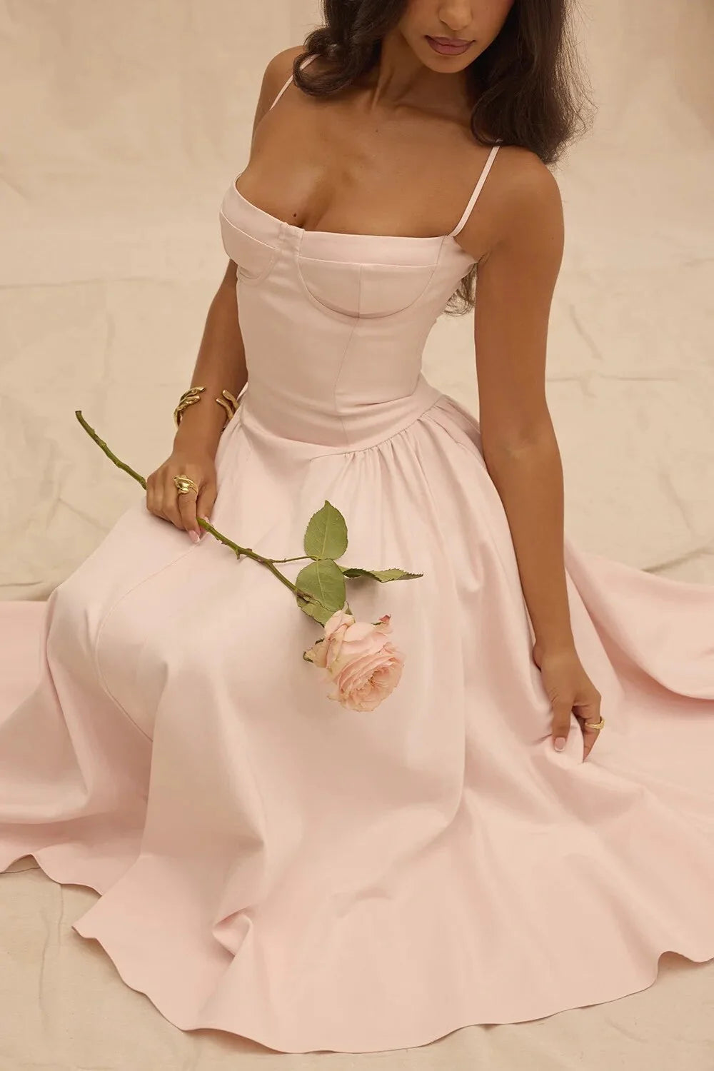 Kamilah Dress | Fitted Thin Strap Pleated Midi Dress