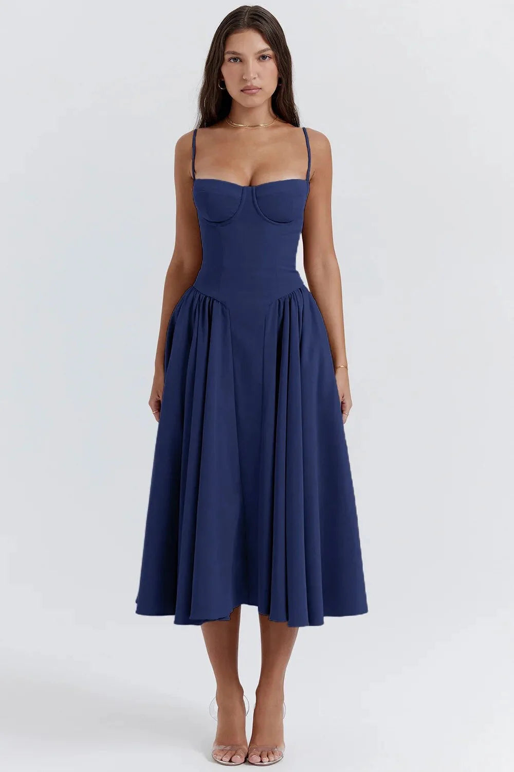 Kamilah Dress | Fitted Thin Strap Pleated Midi Dress