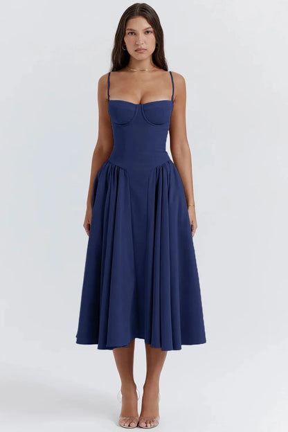 Kamilah Dress | Fitted Thin Strap Pleated Midi Dress