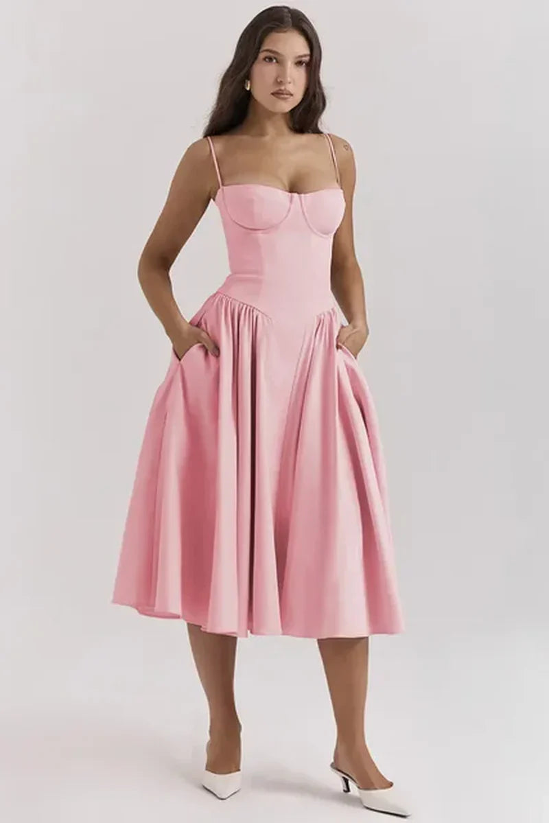 Kamilah Dress | Fitted Thin Strap Pleated Midi Dress