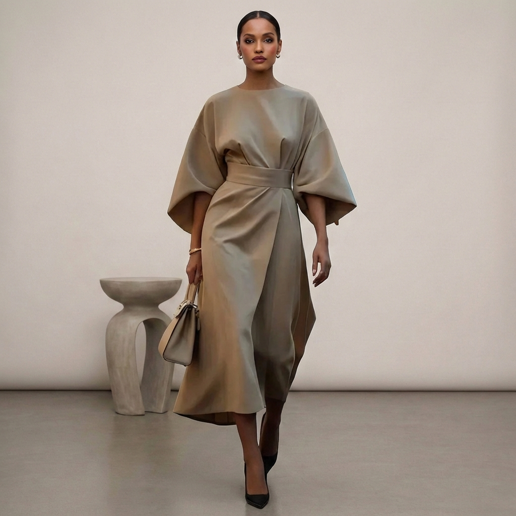 Isabella Relaxed Fit Dress | Round Neck Bat Sleeve Dress