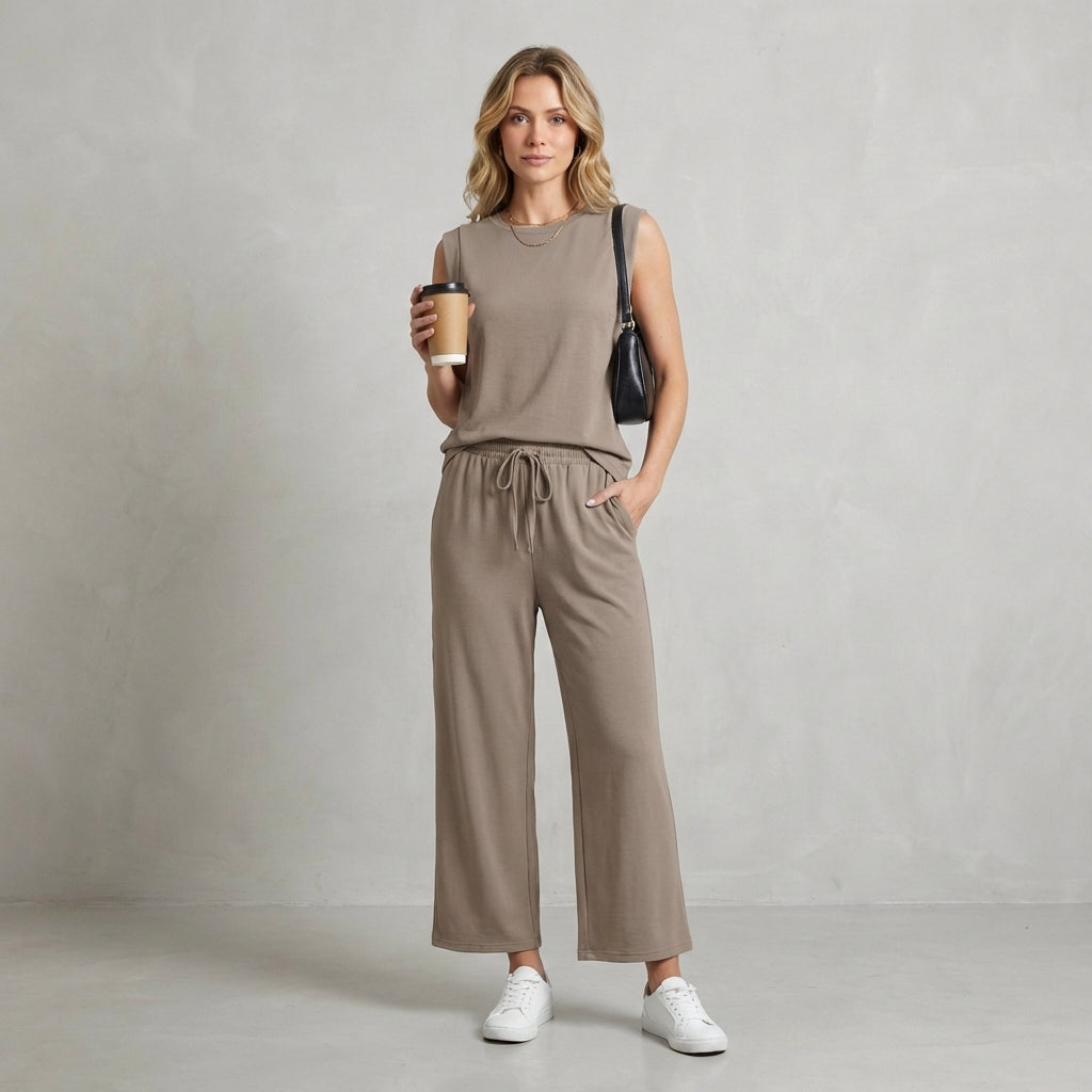 Isla Relaxed Fit Shoulder Pad Top And Pants Two-Piece Set | Solid Casual Wear