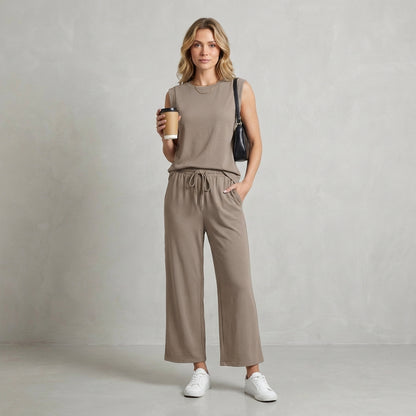 Isla Relaxed Fit Shoulder Pad Top And Pants Two-Piece Set | Solid Casual Wear