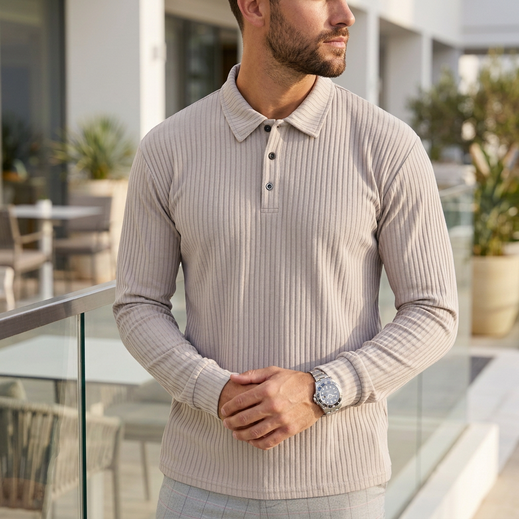 Joshua Ribbed Collared Long Sleeve Polo Shirt | Solid Regular Fit Polo Shirt