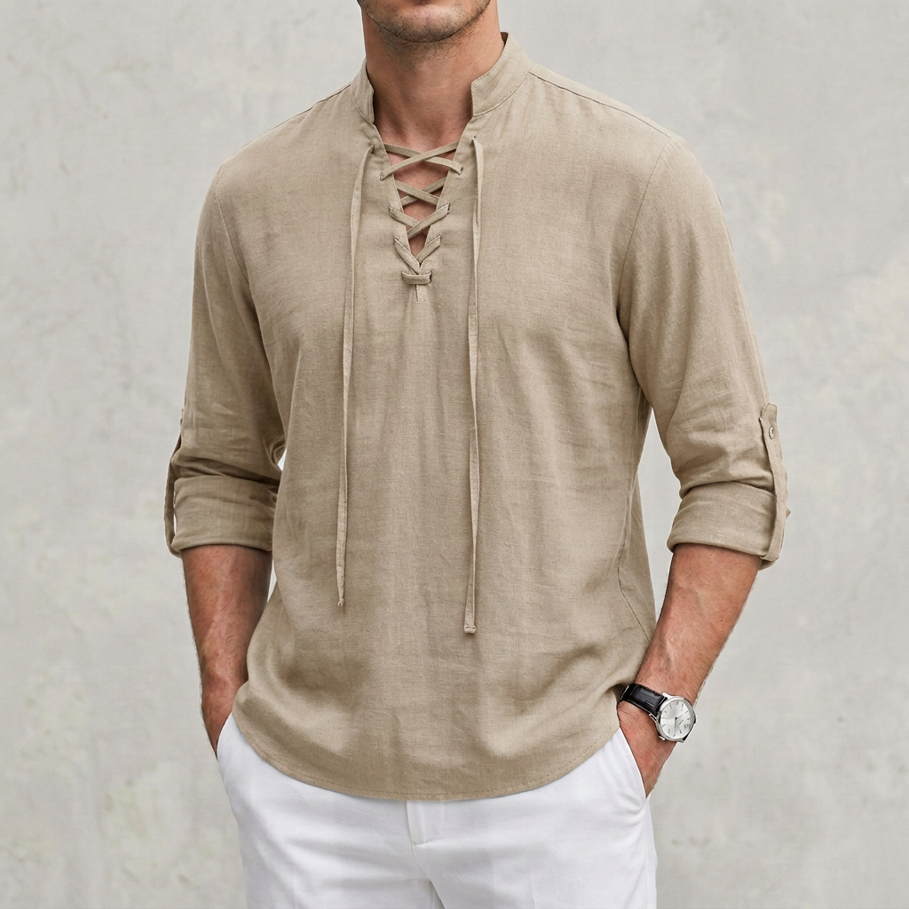 Arthur Relaxed Fit Shirt | Band Collar Lace-Up Neckline Shirt