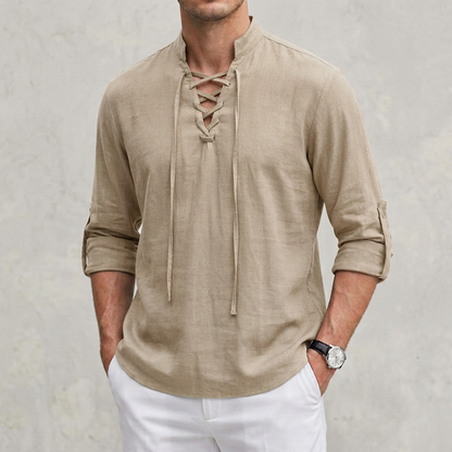 Arthur Relaxed Fit Shirt | Band Collar Lace-Up Neckline Shirt