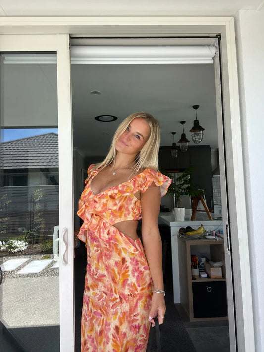 Kirsten Dress | Floral Print Ruffle Dress with Cut-Out