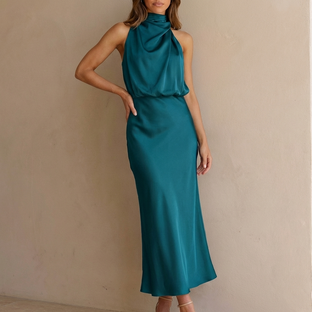 Isabella Draped Halter Neck Midi Dress | Sleeveless Body Skimming Dress