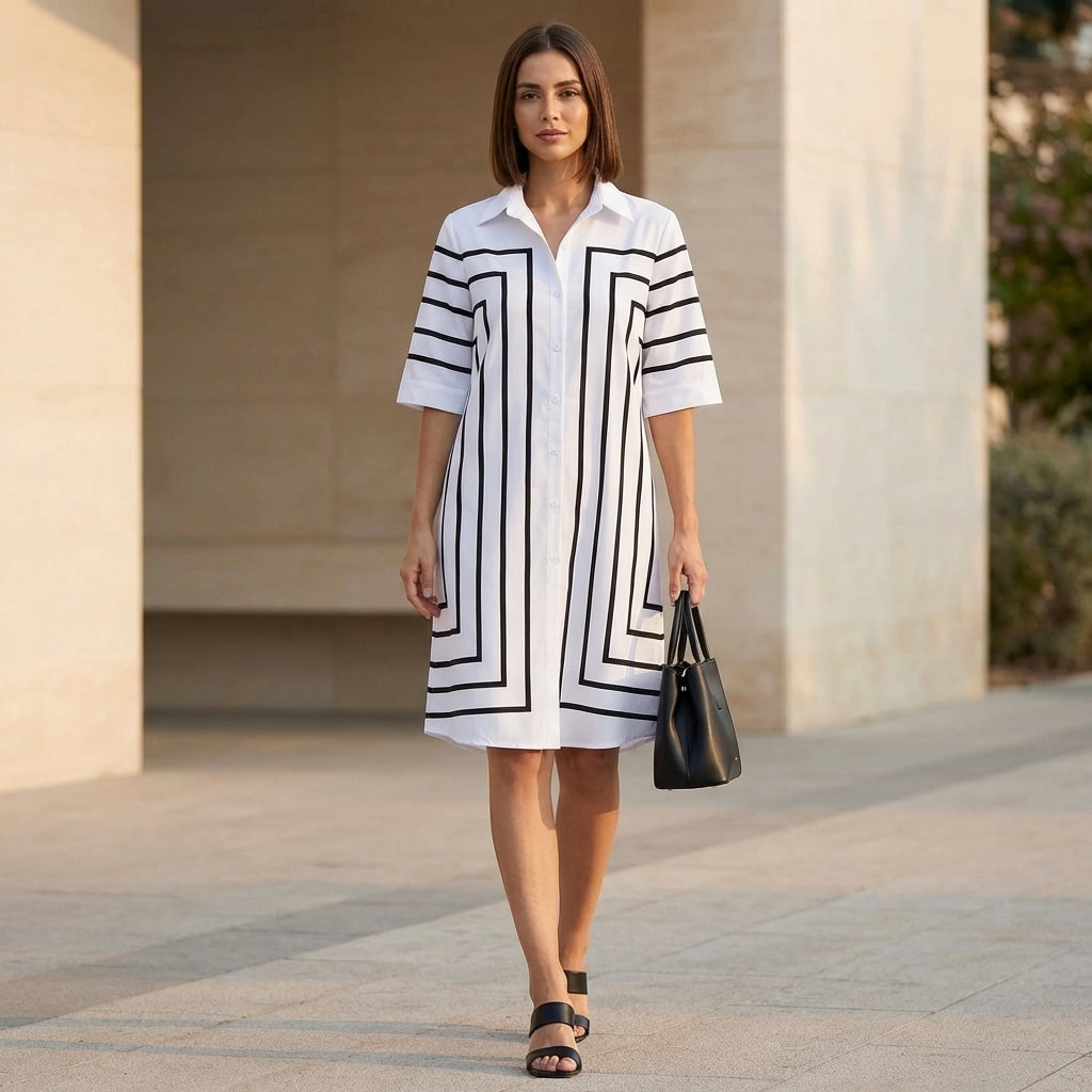 Grace A-Line Dress | Striped Button Front Midi Shirt Dress