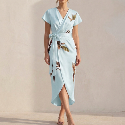 Isabella Wrap Dress | Leaf Print V-Neck Midi Dress