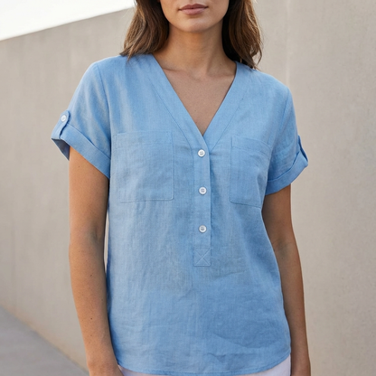Isabella Relaxed Fit Button-Front Shirt | V-Neck Chest Pockets Shirt