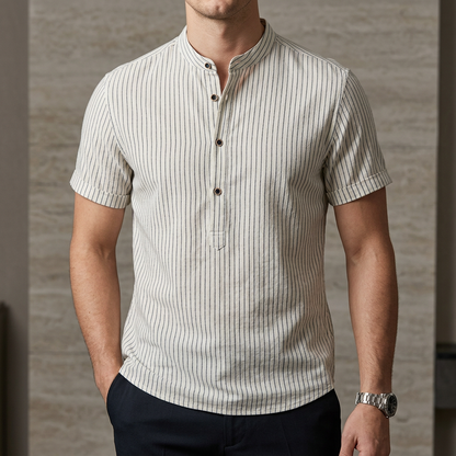 Oscar Relaxed Fit Band Collar Shirt | Striped Short Sleeve Shirt