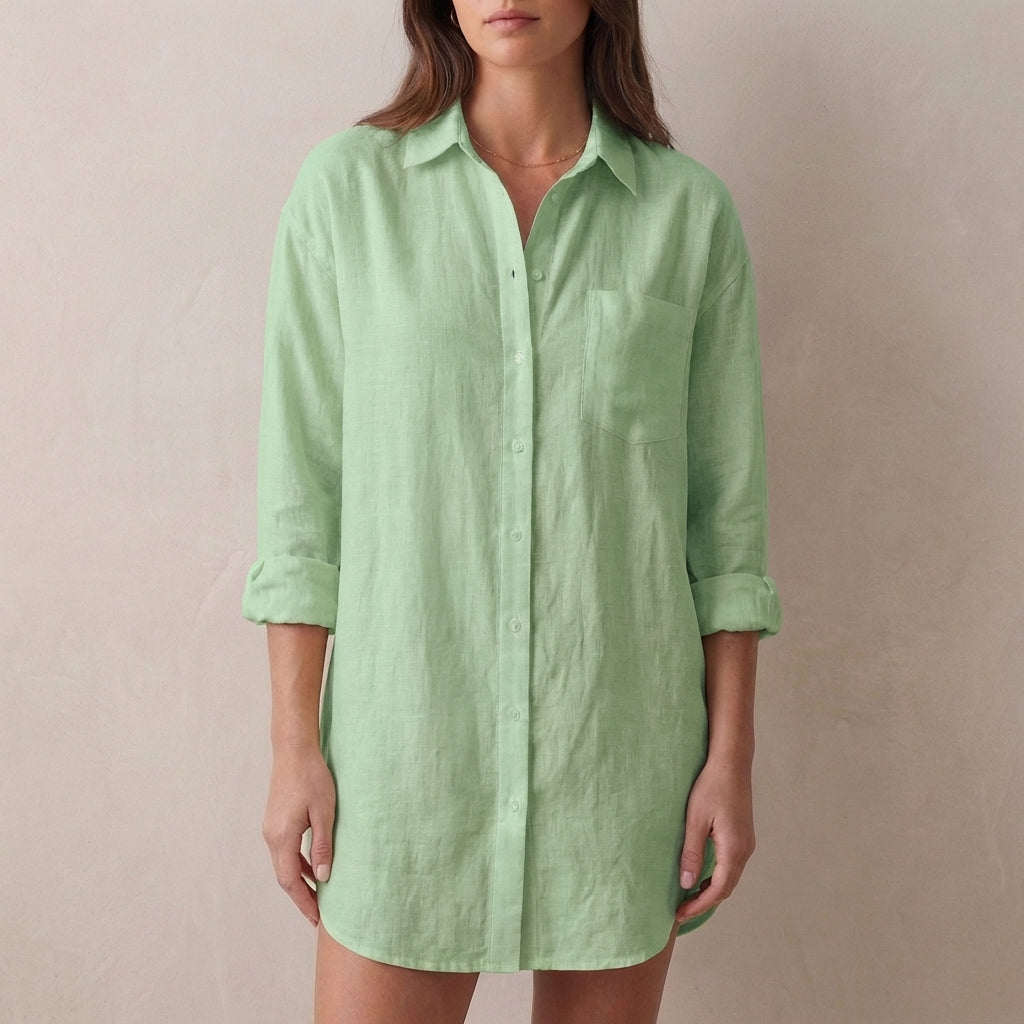 Isla Oversized Tunic Shirt | Collared V-Neck Button Front Shirt